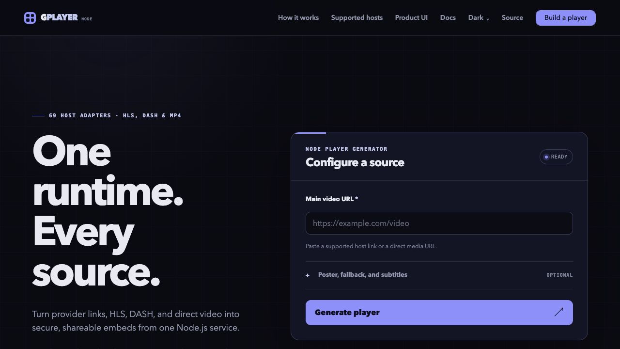 GPlayer interface showing its Node.js media source generator