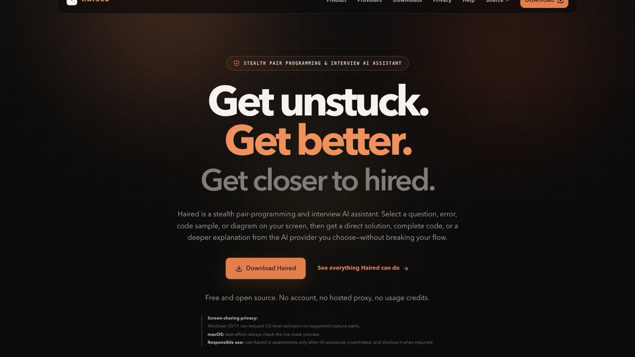 Haired landing page showing its dark interface and pair-programming assistant headline