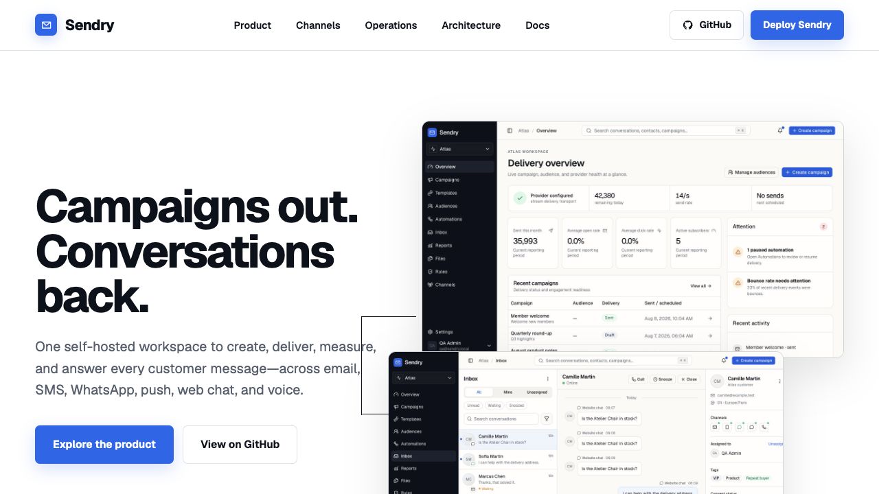 Sendry landing page showing campaign analytics and the unified customer inbox